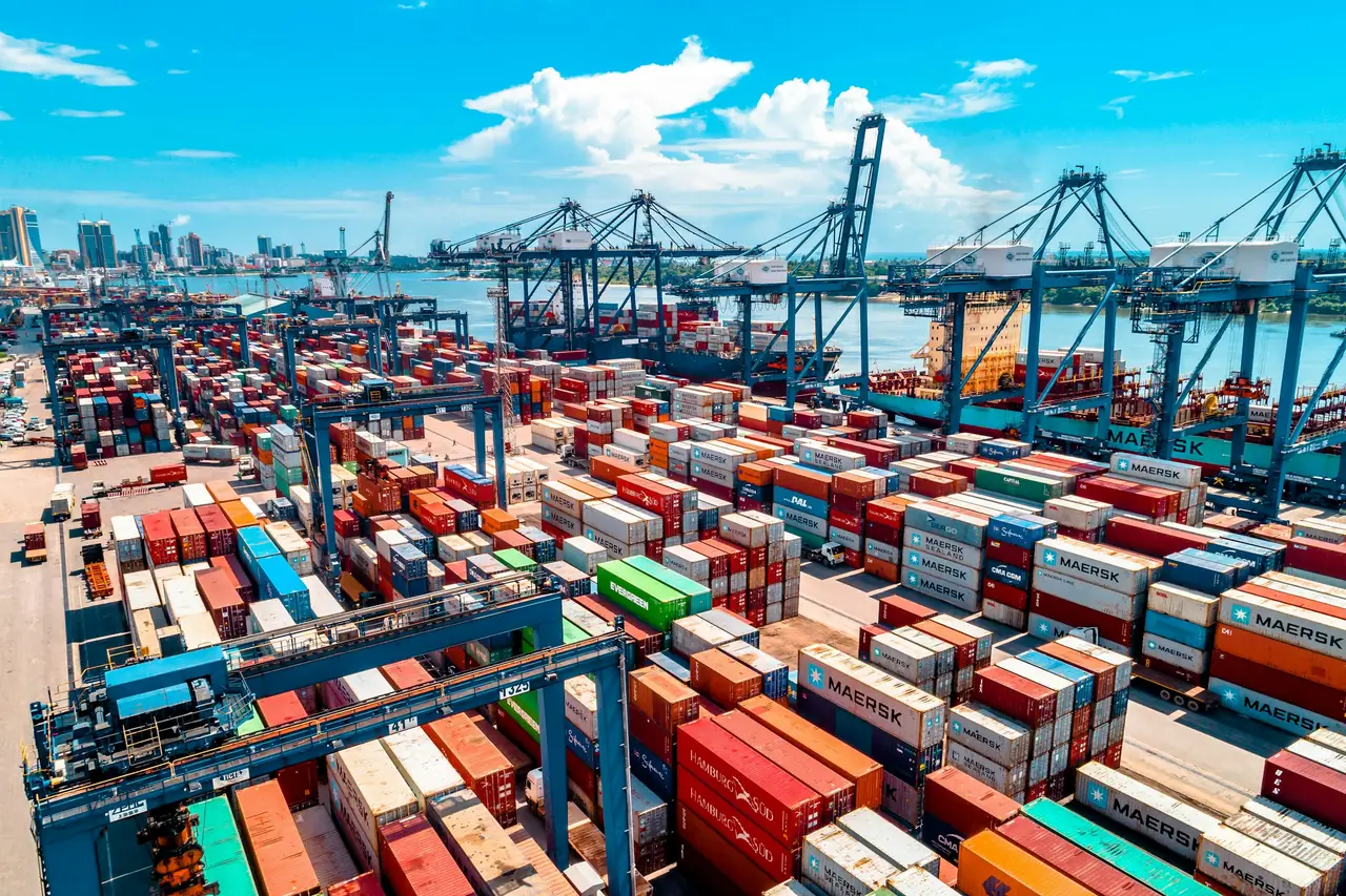 Terminal portuaria con grúas y contenedores de colores
